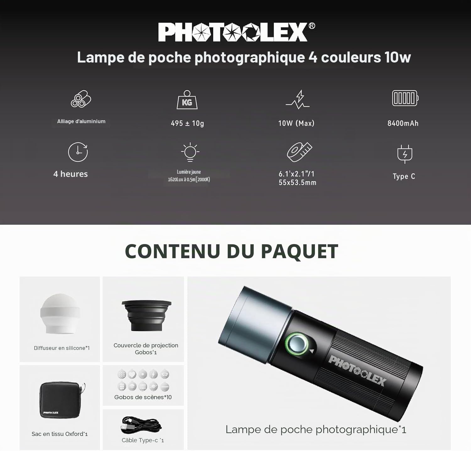 PHOTOOLEX Lampe Torche LED Portable 4 Couleurs avec 20 gobos magnétiques, projecteur Vidéo 8400 mAh, éclairage Studio LED 10W pour la Photo et la création de Contenu. Accessoires