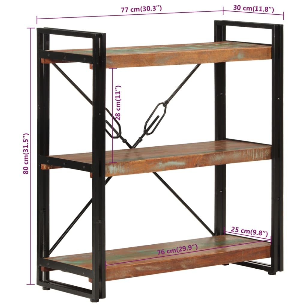 Librería con 3 compartimentos de madera maciza reciclada y hierro en estilo industrial y diseño retro, estantería de madera envejecida de 77 x 30 x 80 cm con 3 estantes y marco de acero con