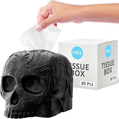 Gothic Skull Tissue Box Cover – Heavyweight Square Tissue Holder – Won’t Move When Pulling a Tissue – Black Home & Bathroom Décor – Home Gift for Women & Men, Goth, Horror, & Halloween Enthusiasts - Black
