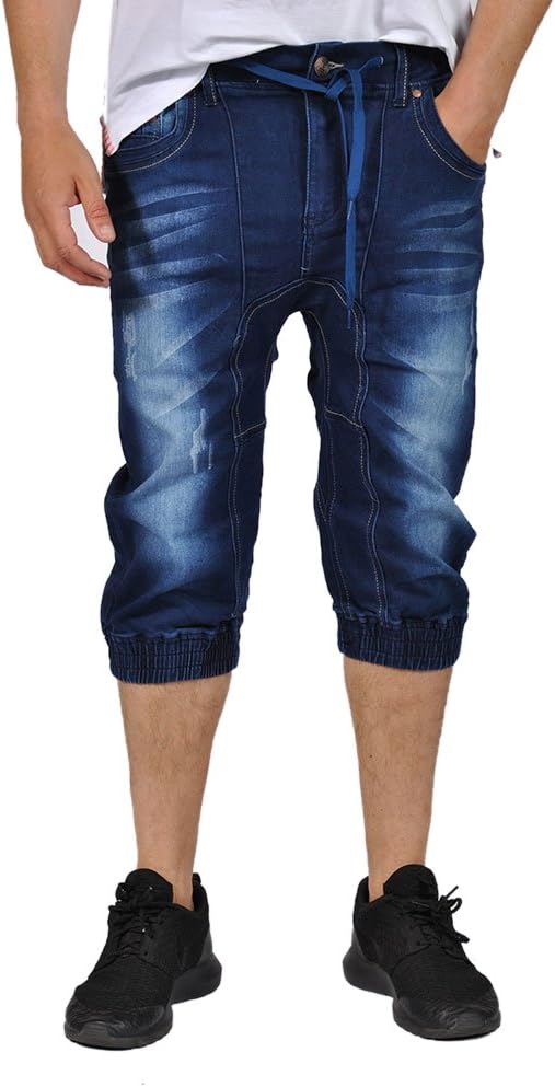 Mens Denim Elastic Waist Cuffed Bottom Capri