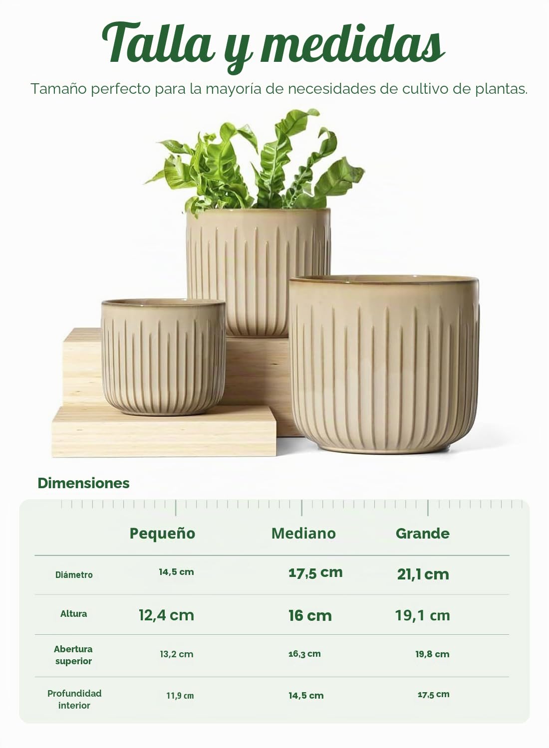 LE TAUCI Macetas, 21+17.5+15 cm Macetas de Cerámica con Agujero de Drenaje, Juego de 3 Maceteros Grandes, Macetas de Interior, Beige Esmaltado