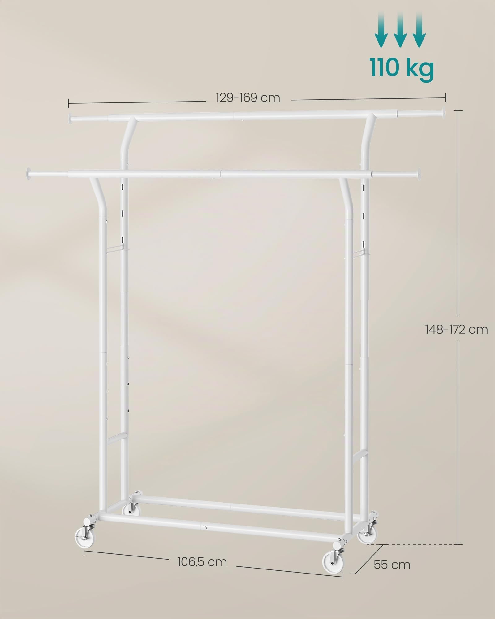 SONGMICS Stand Appendiabiti, Attaccapanni Estensibile con 4 Ruote, in Acciaio, Regolabile in Altezza e Larghezza, Bianco Opaco HSR012W01