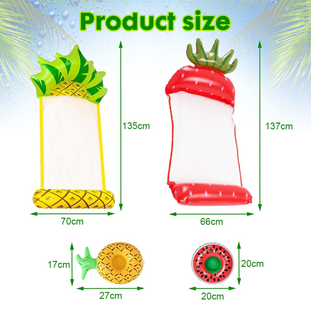 2Pcs Flottant Hamac Gonflable, 4 in 1 Matelas Filet Piscine Gonflable, Hamac Piscine Portable avec 2 Pompe à Air Manuelle 2 Porte-Boissons Gonflables, Matelas Piscine Pliable pour Plage, Partie