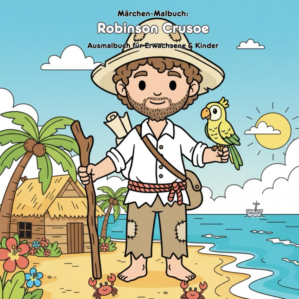 Robinson Crusoe: Geschichte & Malbuch: Für Erwachsene & Kinder: 36 Ausmalbilder im Großformat 21.59 x 21.59 cm mit der Abenteuergeschichte für kleine Entdecker