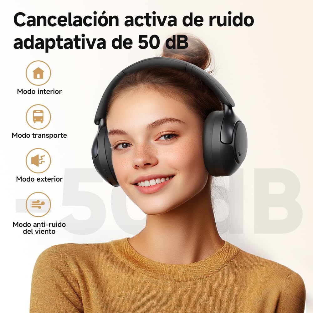 QCY H3 Pro Auriculares Cancelación Ruido Activa Adaptativa, hasta 50 dB Reducción Ruido con múltiples Modos, Audio Hi-Res, LDAC, Cascos Inalámbricos Bluetooth 5.4, Llamada nítida, 55H de autonomía
