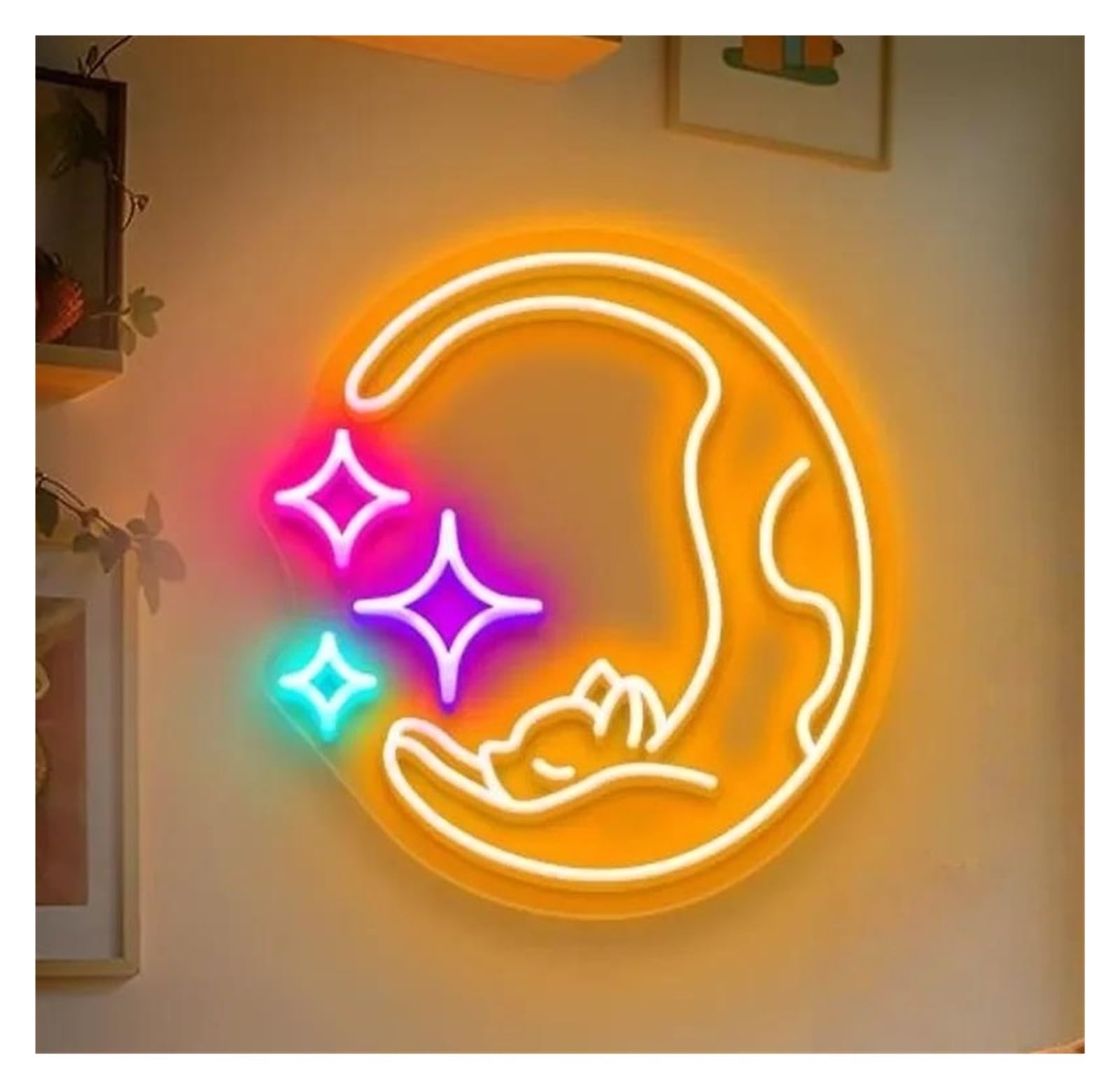 Shouxi D Sign Lamp Moon Star Cat Neon Sign Cute Kids Room Ecor Pet Theme Spaces,Pet Lover Bedroom Ecorative Lamps 45Cm(D)