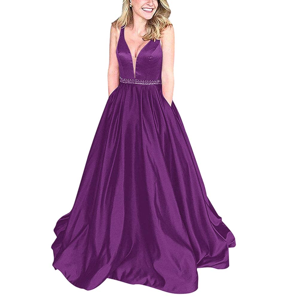 Andybridal Elegant Plus Size Deep V Neck Pockets Satin Long Prom Dress with Bead Belt