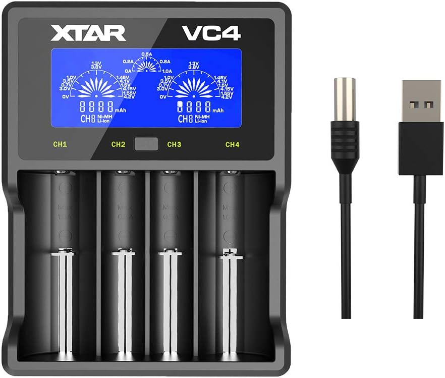 18650 Charger, VC4 Rechargeable Battery Charger, 4 Bays 18650 Fast Charger with LCD Display, For lithium rechargeable Flashlight batteries Ni-MH Ni-Cd AA AAA 10440 26650 14500 16340 18560 25500