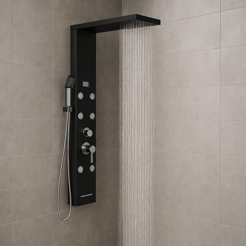 Colonna Pannello Doccia Nero Satinato 4 Funzioni York-1 Black Display Controllo Temperatura Cascata Getto 6 Idrogetti Lombari Doccetta con Flessibile