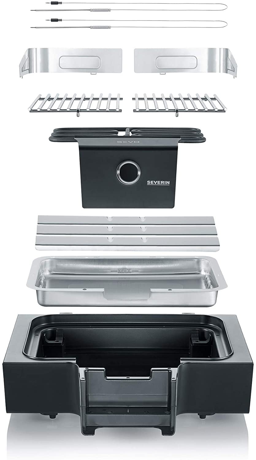 SEVERIN SEVO GT Elektrogrill mit Deckel, elektrischer Tischgrill mit schnellem Grillstart in 10 min bis 500 °C, Balkon Grill mit OLED-Display, für innen und außen, 3.000 W, Edelstahl/Schwarz, PG 8106