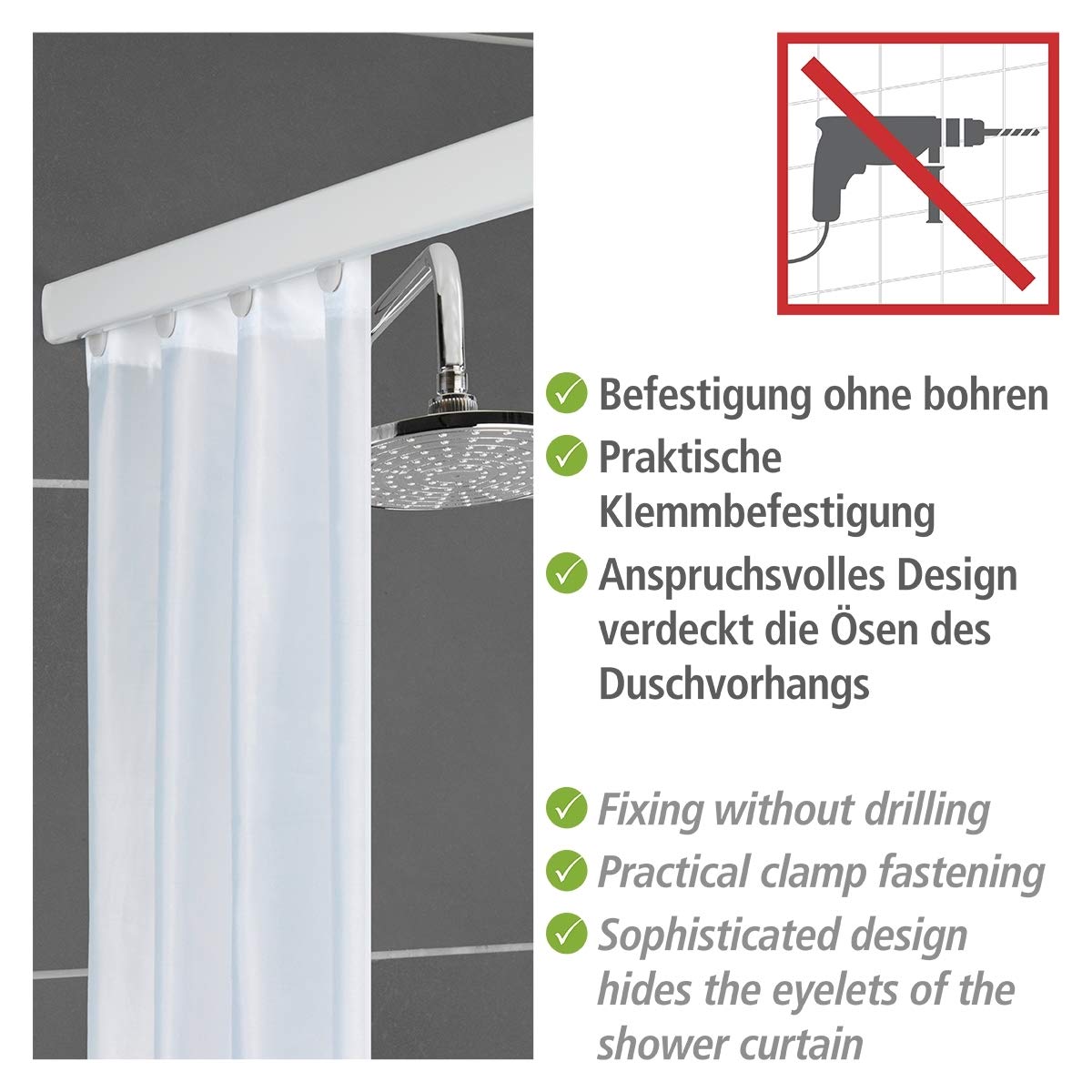 WENKO Teleskop-Duschvorhangschiene Era Weiß, ausziehbare Vorhangschiene aus rostfreiem Aluminium, zur Befestigung von Allen Duschvorhängen, inkl. Befestigen ohne Bohren, 125-210 x 2 x 3,5 cm