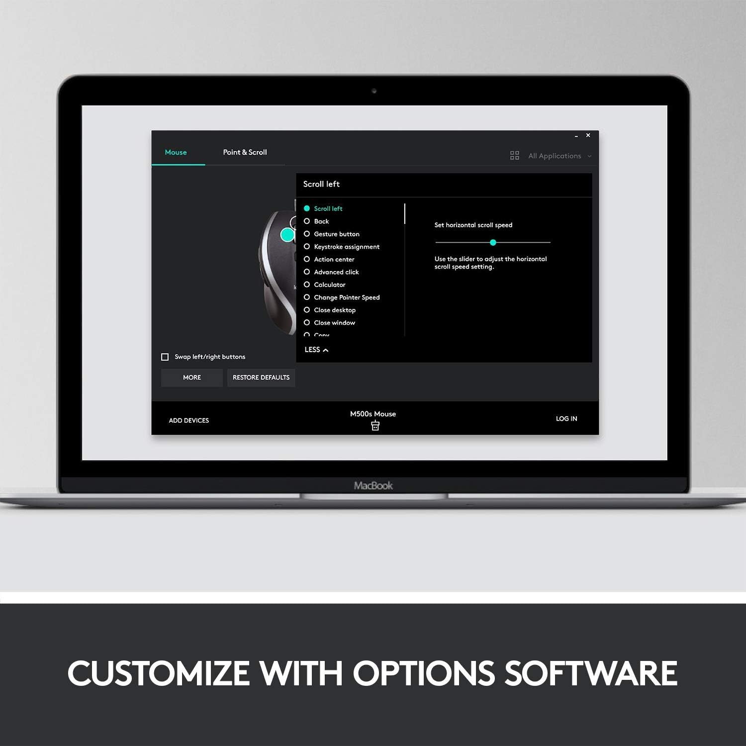 Screenshot of Logitech Options software interface on a MacBook, showing scroll settings