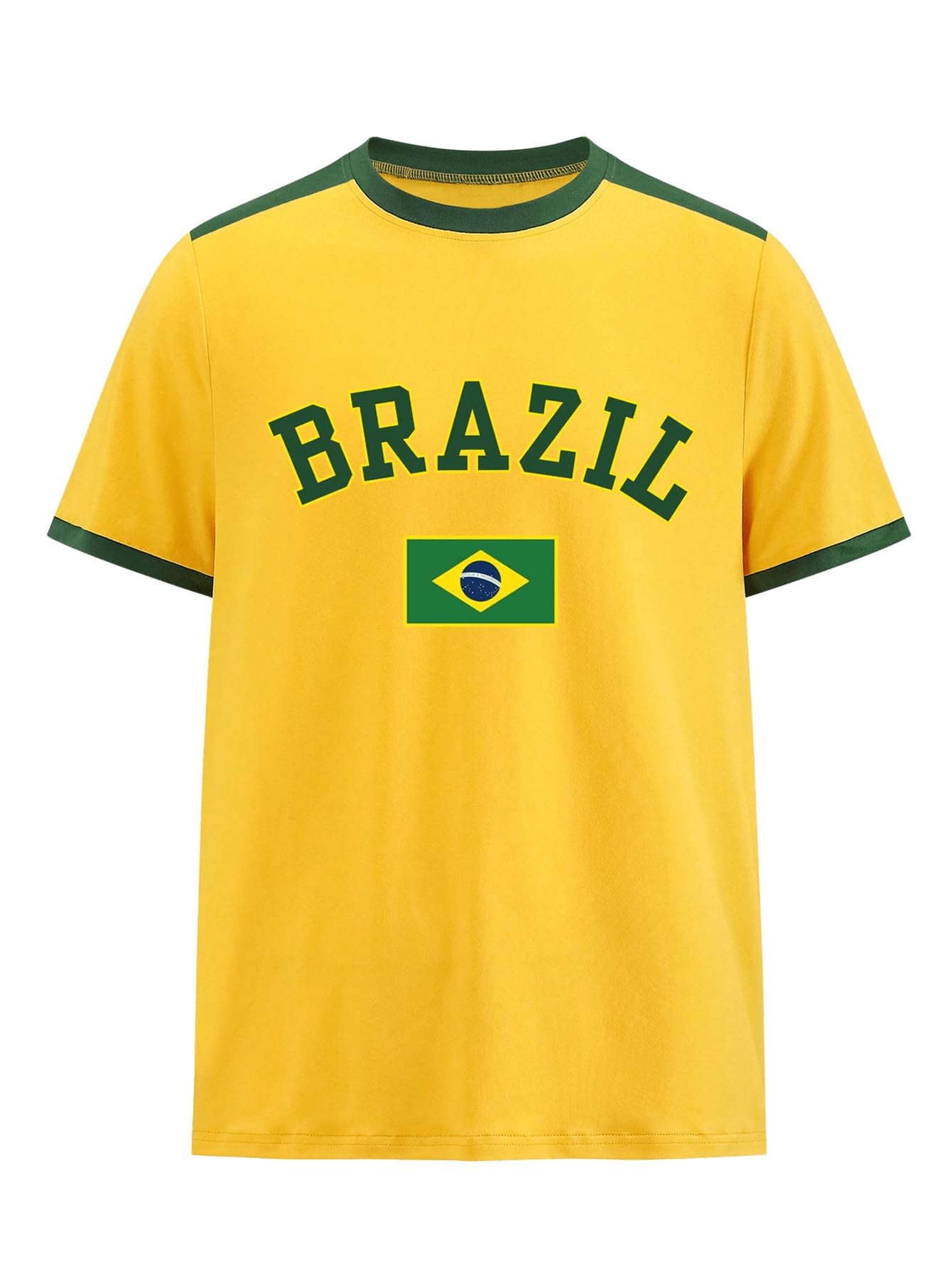 BEAUDRMMen's Brazil Soccer Jersey Tees Letter Print Graphic Short Sleeve Crew Neck T Shirts Top