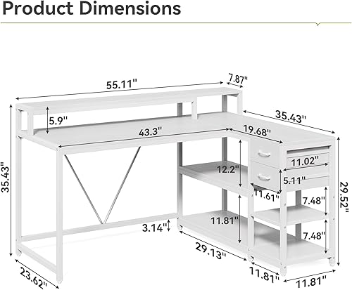 Miniatura 3 de LITTLE TREE Escritorio de computadora en forma de L de 55 pulgadas, escritorio reversible para computadora con cajones y estantes de almacenamiento,