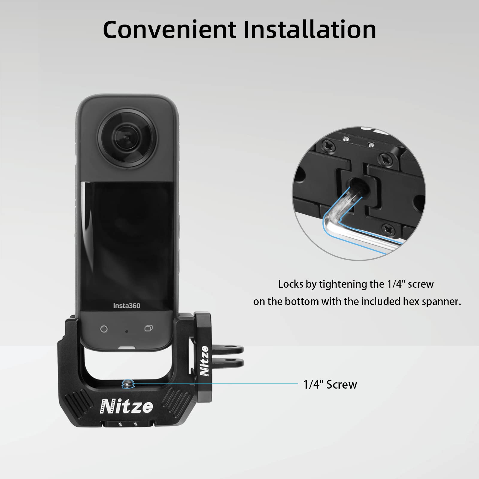 Nitze 360 X3 Gabbia per Insta360 X3, Alluminio Cage per Fotocamera con Fori Filettati da 1/4" e Fori di Posizionamento, con Adattatori Pieghevoli per le Dita e Doppie Cold Shoe - T-IN01A