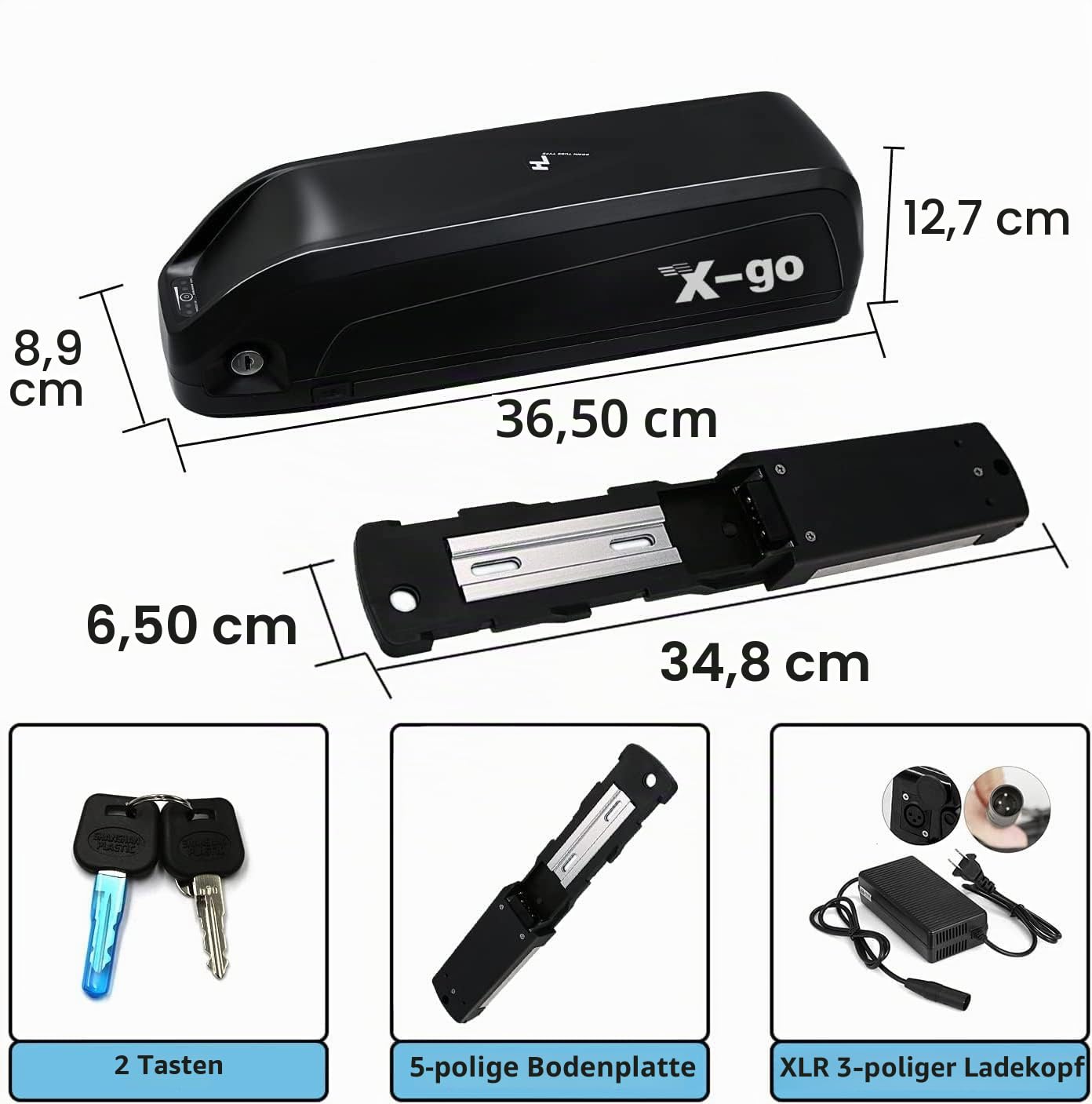 X-go E Bike Akku 48V 13AH, Ebike Batterie mit 5Pin Grundplatte Ladegerät USB Schnittstelle für 750W 500W 350W 250W Elektrofahrrad Motor, Hailong Lithium-Ionen Akku