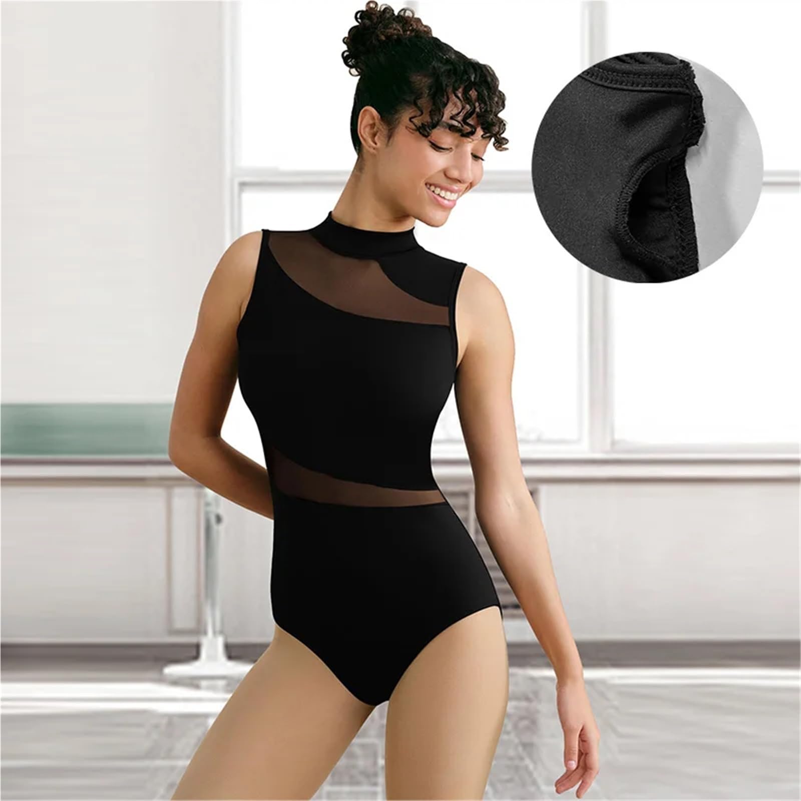Maillot Ballet Mujer Maillot de ballet y danza sin mangas con malla empalmada for mujer, for adultos, forro espalda hueca amplia