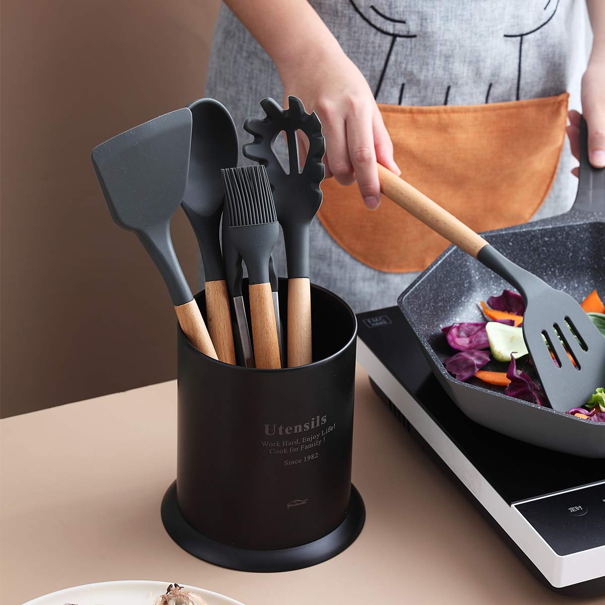 Berglander Portautensili da Cucina in Acciaio Inossidabile per Piano di Lavoro (Nero Opaco)
