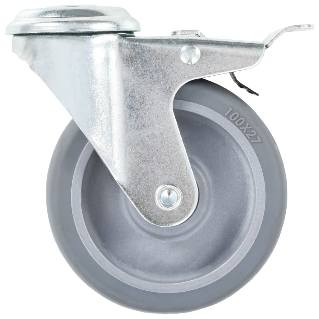 Lenkrollen mit Bolzenloch 4 Stück 100 mm grau robust für Transportwagen, Hubwagen, Sackkarren, Förderbänder, Plattformwagen, belastbar bis 60 kg, geräuscharm, rostfrei, mit Doppelbremsen