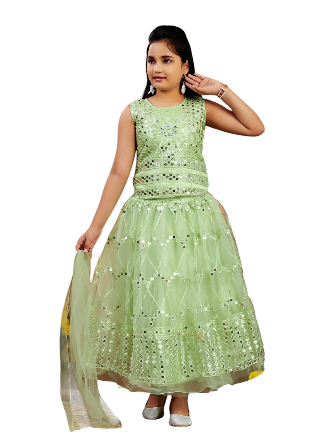 Aarika Girls Ethnic Wear Sea Green Colour Sea Green Thread Embroidery Net Lehenga Choli Set (4-10 Years)