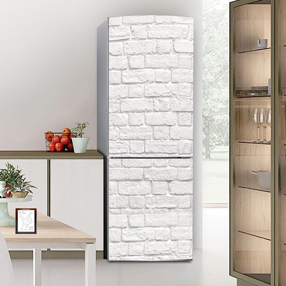 Myxjx White Fridge Wrap, Full Covering Door Fridge Covers Skins Wall Stickers For Kitchen Decal, Retro Brick