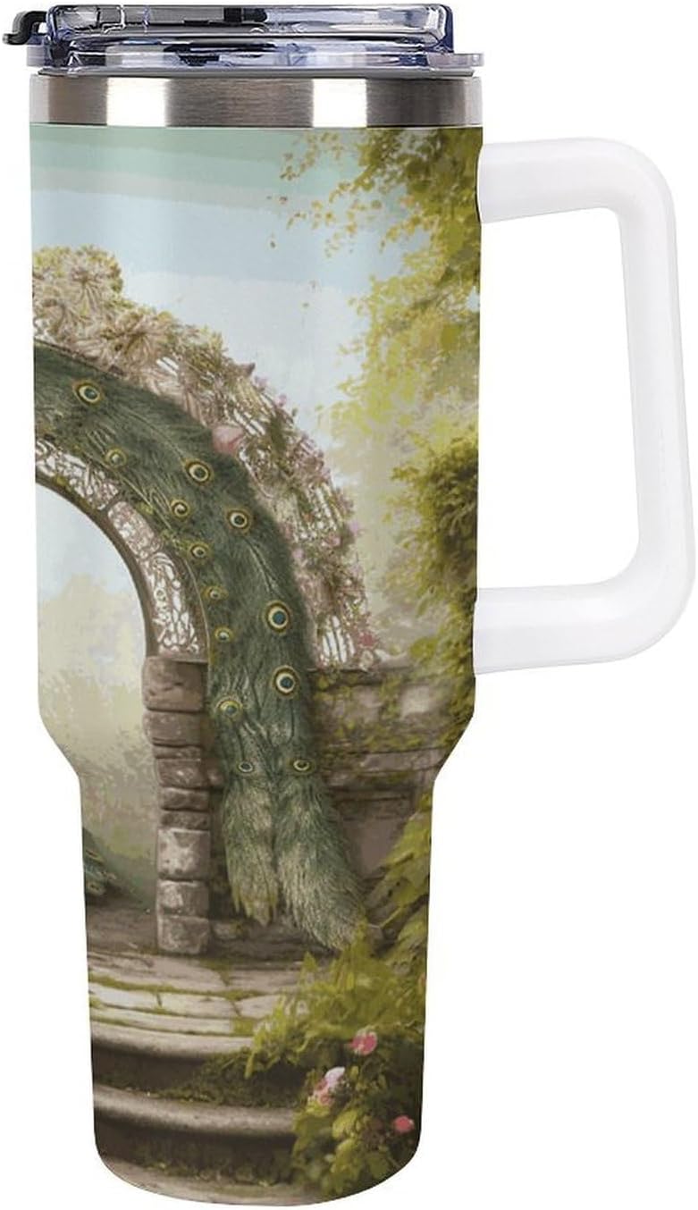 40 Oz Insulated Mug with Handle, Stainless Steel Garden Arched Door Peacock Printed Travel Mug Portable Leak-proof Large Car Mug for Home, Office Or Car