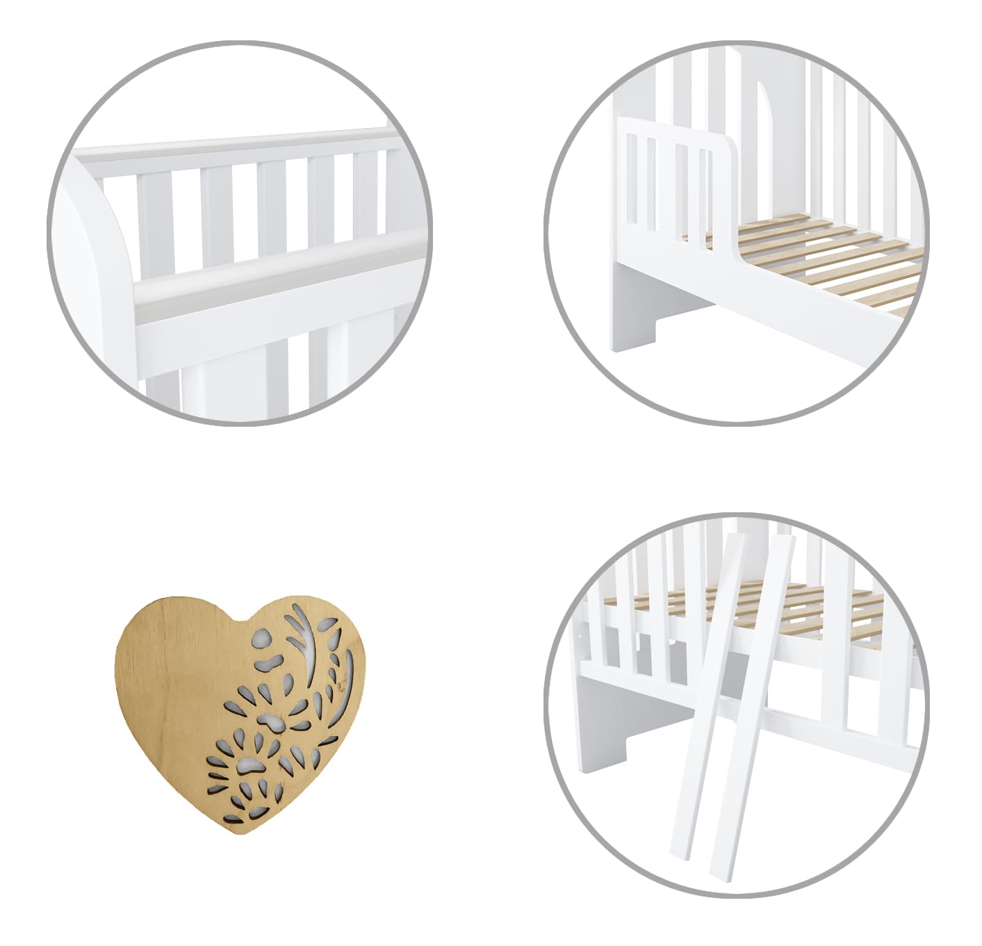 zee Heart Set Habitación Bebé Blanco 2 en 1, Cuna 120x60 cm con Cajón Convertible en Cama Infantil, Cómoda Cambiador con Cambiador, Diseño Escandinavo, Corazón Natural