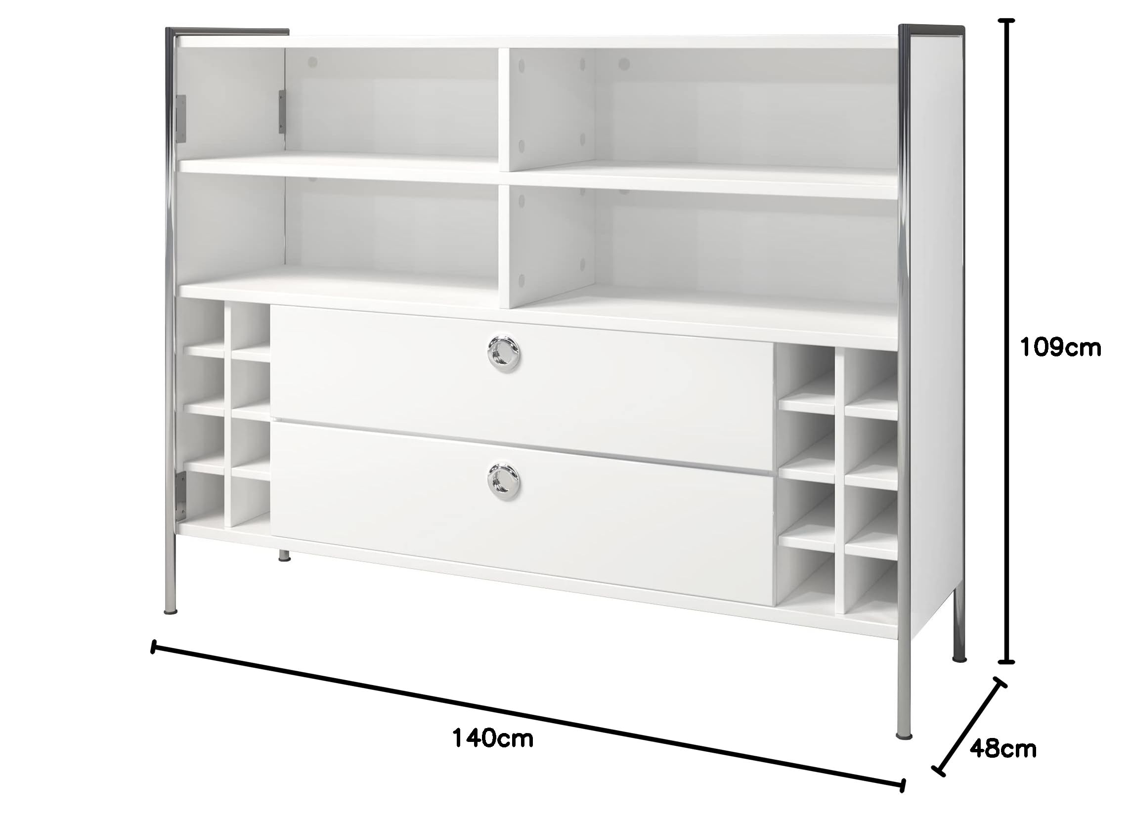 trendteam smart living - Infinity - Bartisch - Weiß Hochglanz lackiert - Hausbar mit 6 Fächern und 8 Weinfächern - (BxHxT) 140 x 109 x 48 cm - Bartresen mit Chromrahmen