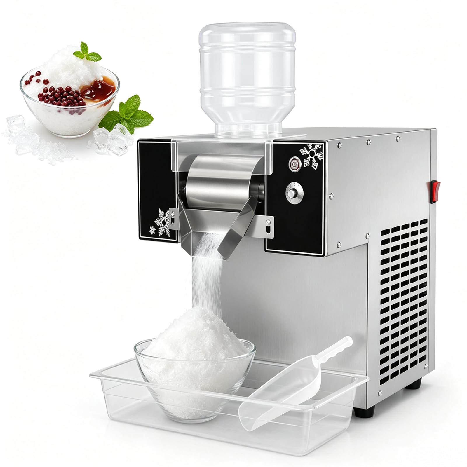 WLSYX Commercial Countertop Snowflake Ice Maker, Ice Crusher Shaver Machine With 304 Stain Steel Thread Roller, 180kg/24h And Adjustable Speed, For Snack Bar, Food Trucks, Street Food, Restaurant