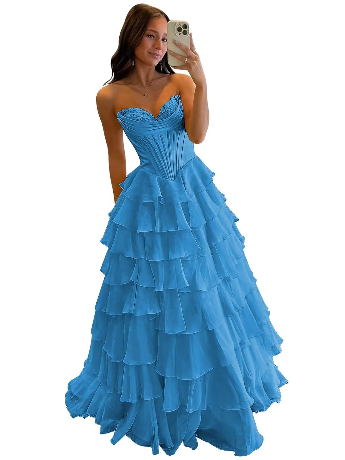 Strapless Corset Prom Dresses for Women 2025 Long Tiered Ruffle Chiffon Formal Evening Gowns with Slit