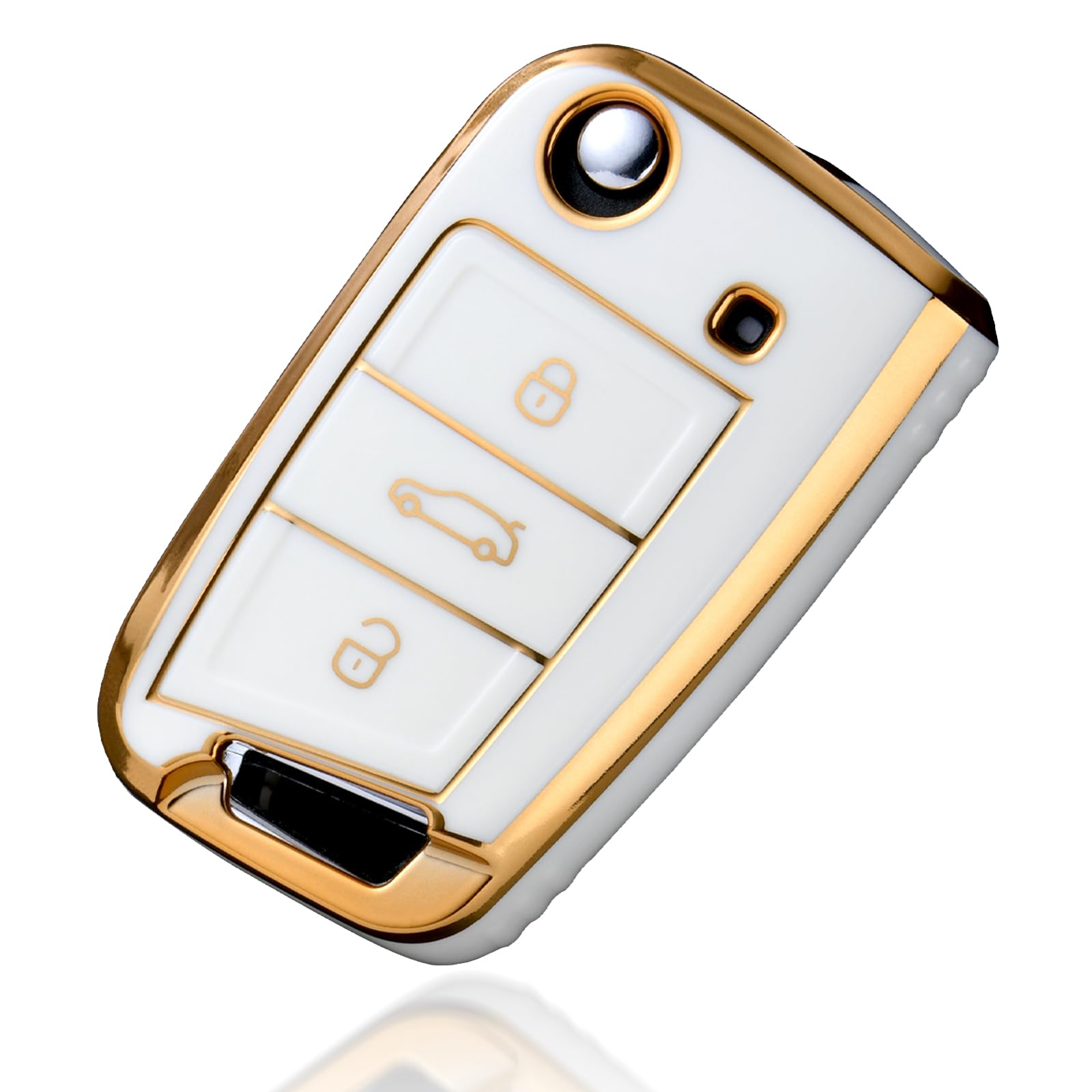 PANPHEN Car Key Cover for VW Golf 7 mk7, VW Key Case Suitable for Polo, Seat, Skoda, 3 Buttons TPU Protective VW Key Case (Gold Edge-White)