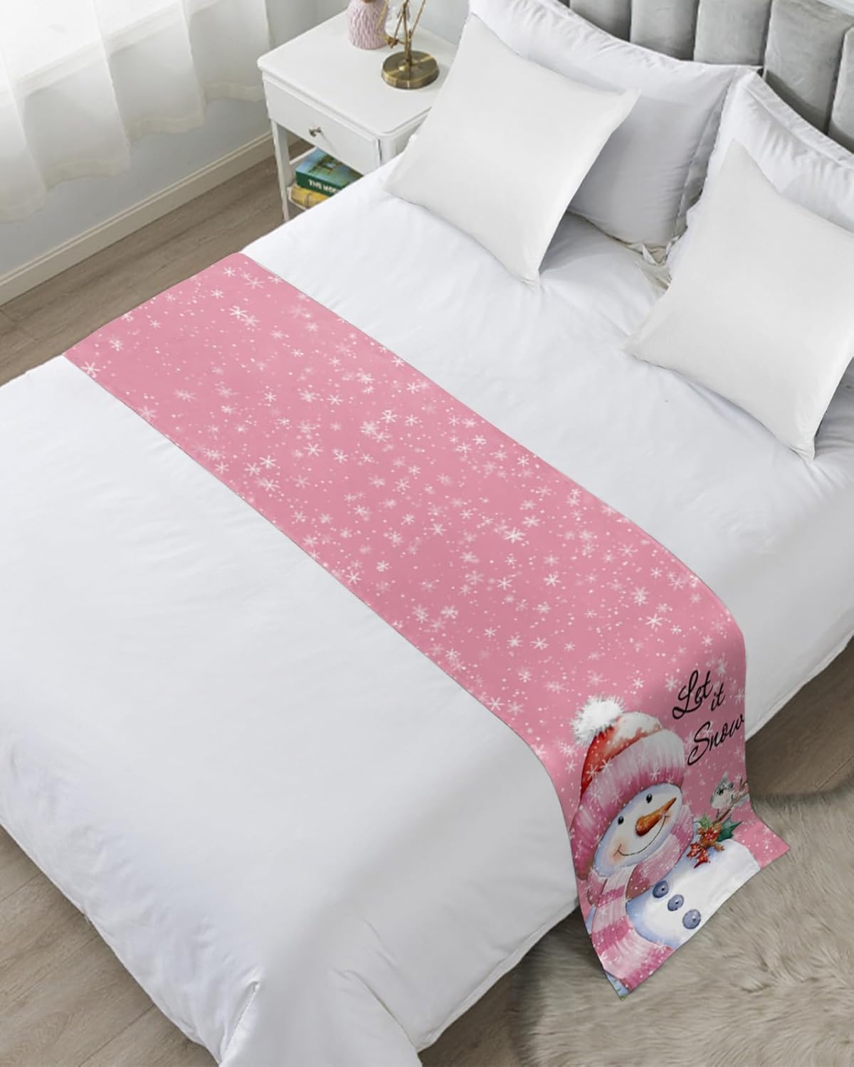 Teamery Bed Runner Scarf for Bed Foot Decor, Christmas Xmas Tree Snowman Snowflake Bird Pink Bed Flags Bed Scarves, Bedding Scarf Protector for Home Bedroom/Hotel/Wedding, 83"x20" for Queen Bed