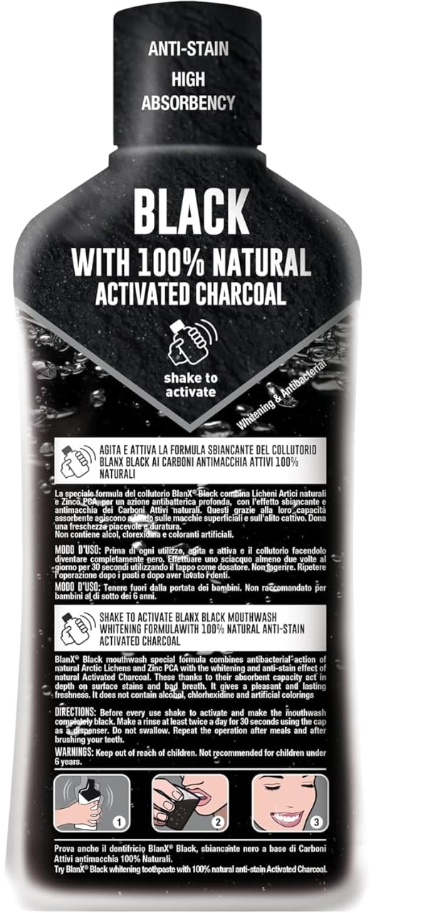 6 X BlanX Collutorio Sbiancante Black, Sbiancante Nero Acqua Boccale per Igiene Orale, Anti Macchie e Sbiancante Boccale 500 ml + Beni Culinari Portachiavi Gratis