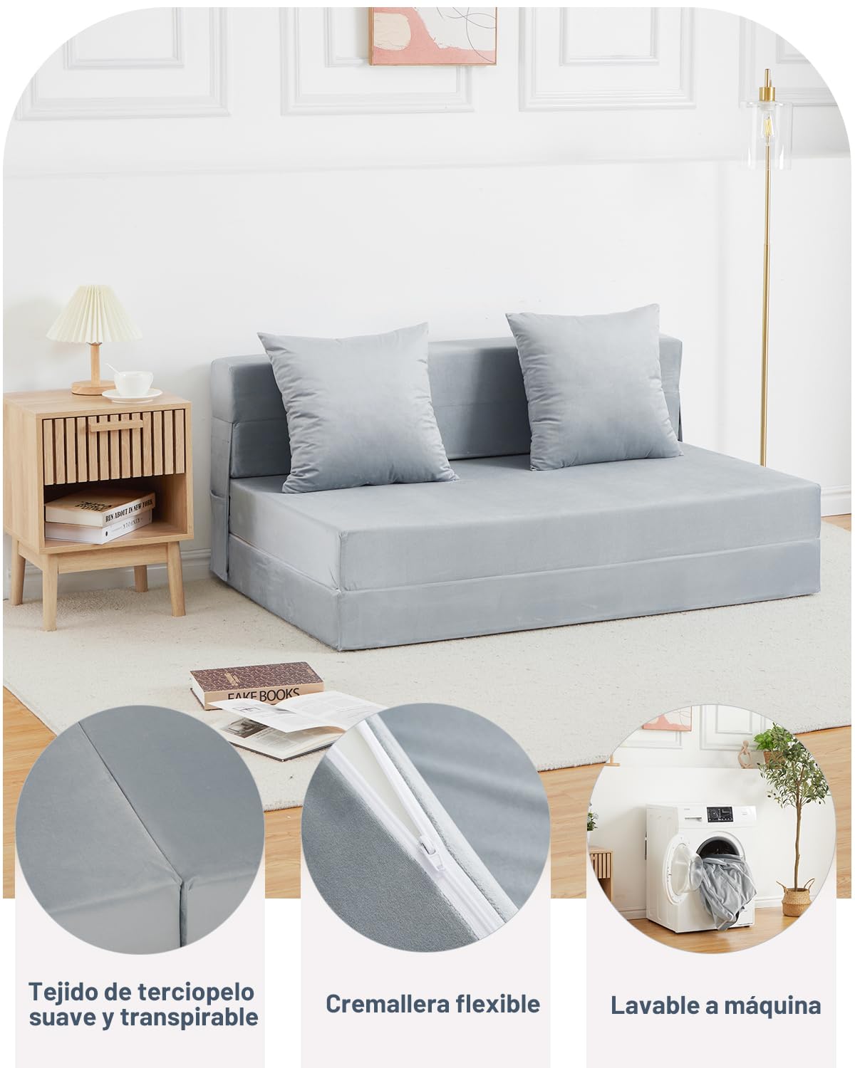 HAUSPROFI Sofá Cama 2 Plazas, 140x200 cm Cama Plegable con Funda Terciopelo Y 2 Cojines, Funda Extraíble Lavable, Colchón Plegable Espuma Poliuretano Alta Elasticidad (Gris)