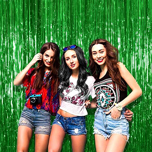 Image of 4 Pack Green Foil Fringe Curtain Backdrop, 3.28Ft x 8.2Ft Metallic Tinsel Foil Fringe Streamer Curtains for Photo Booth Props Decor Party Supplies