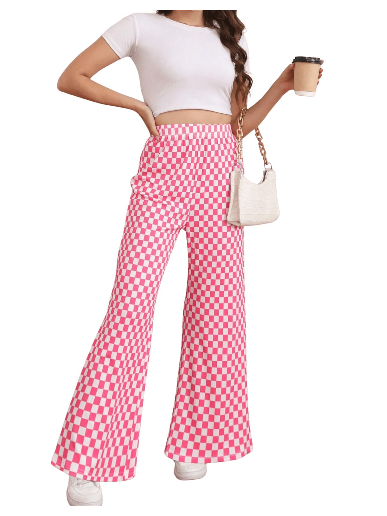 OYOANGLE Womens Checkered Printed High Elastic Waisted Wide Leg Pants Loose Fitted Streetwear Long Pants