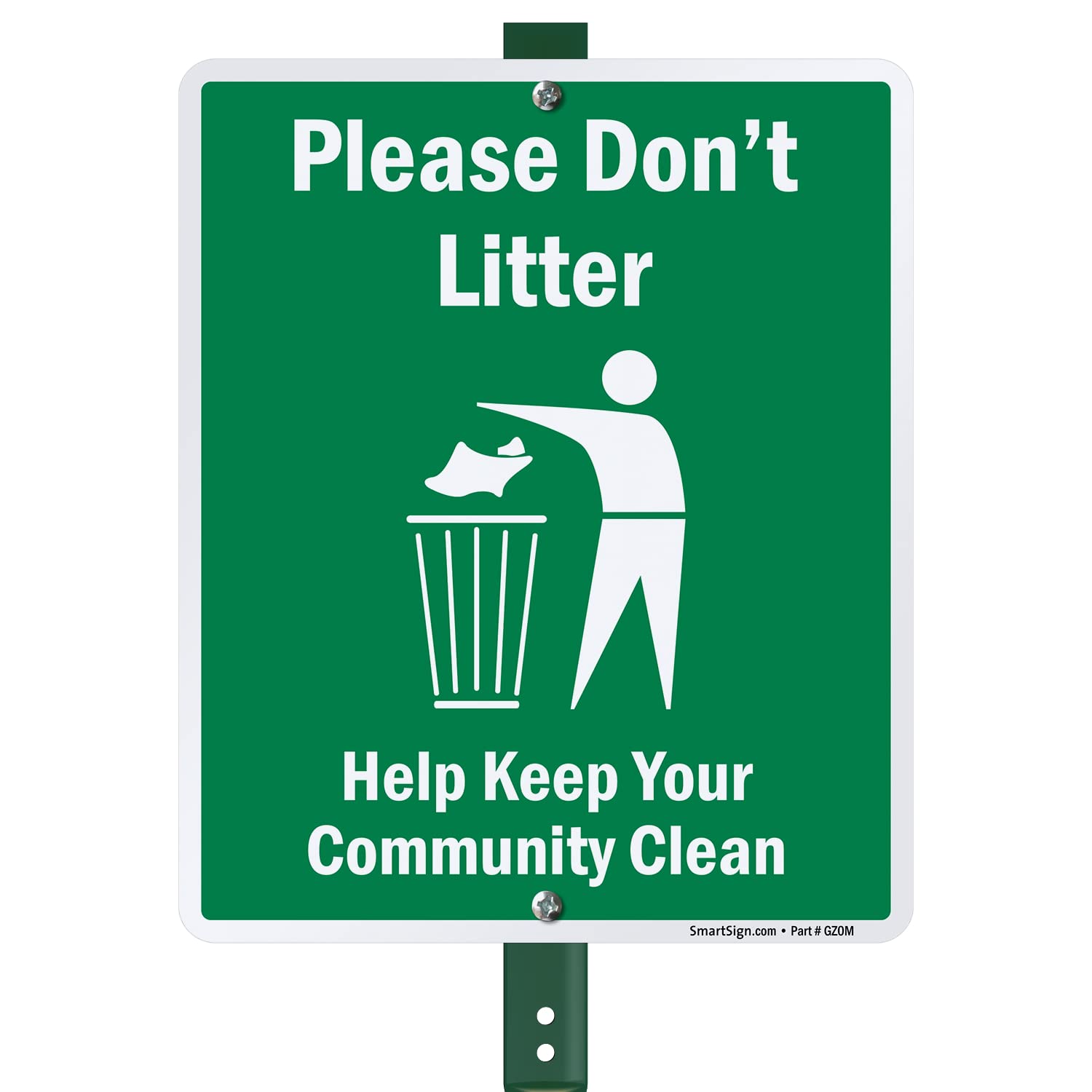 SmartSign12 x 10 inch “Please Don't Litter - Help Keep Your Community Clean” LawnBoss Yard Sign with 3 foot Stake, 40 mil Laminated Rustproof Aluminum, White and Green, Set of 1, Made in USA