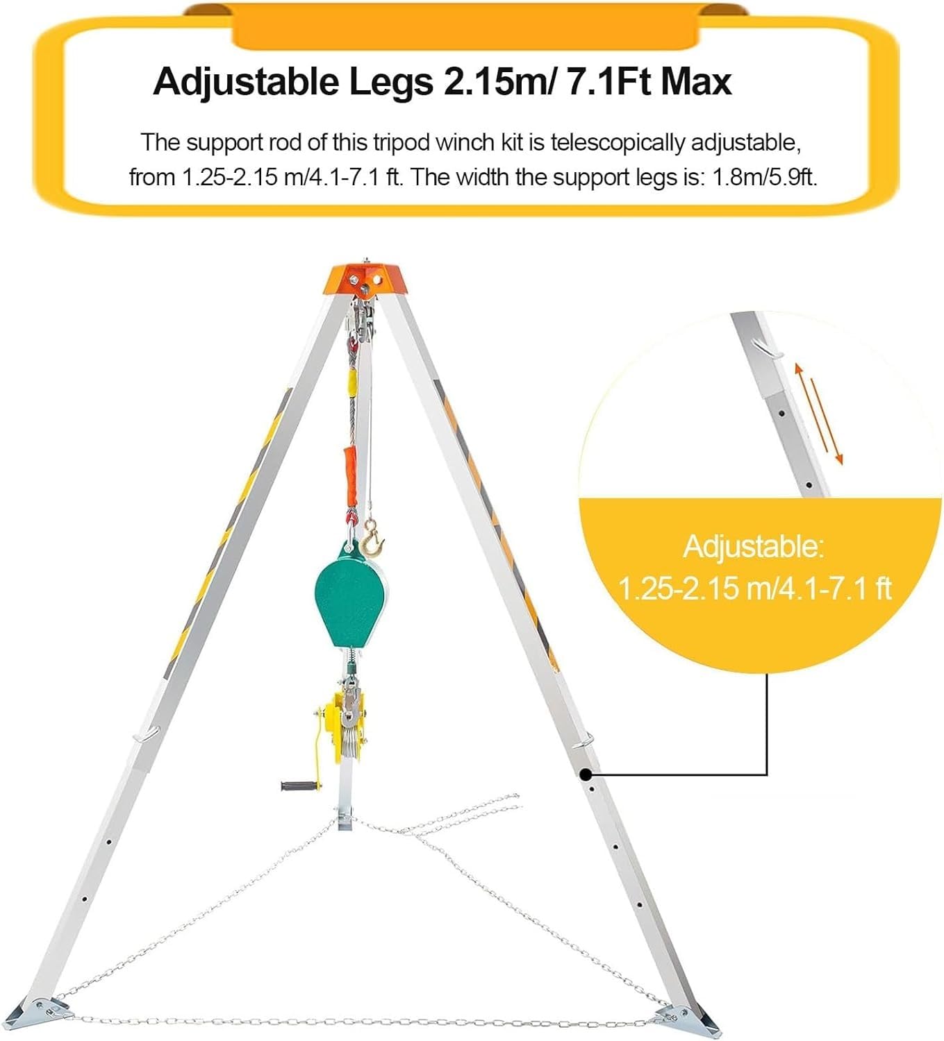 Kit de levage de trépied robuste de 2,1 m pour espace confiné, construction, égout, lutte contre les incendies, support de jambe rétractable, durable et fiable