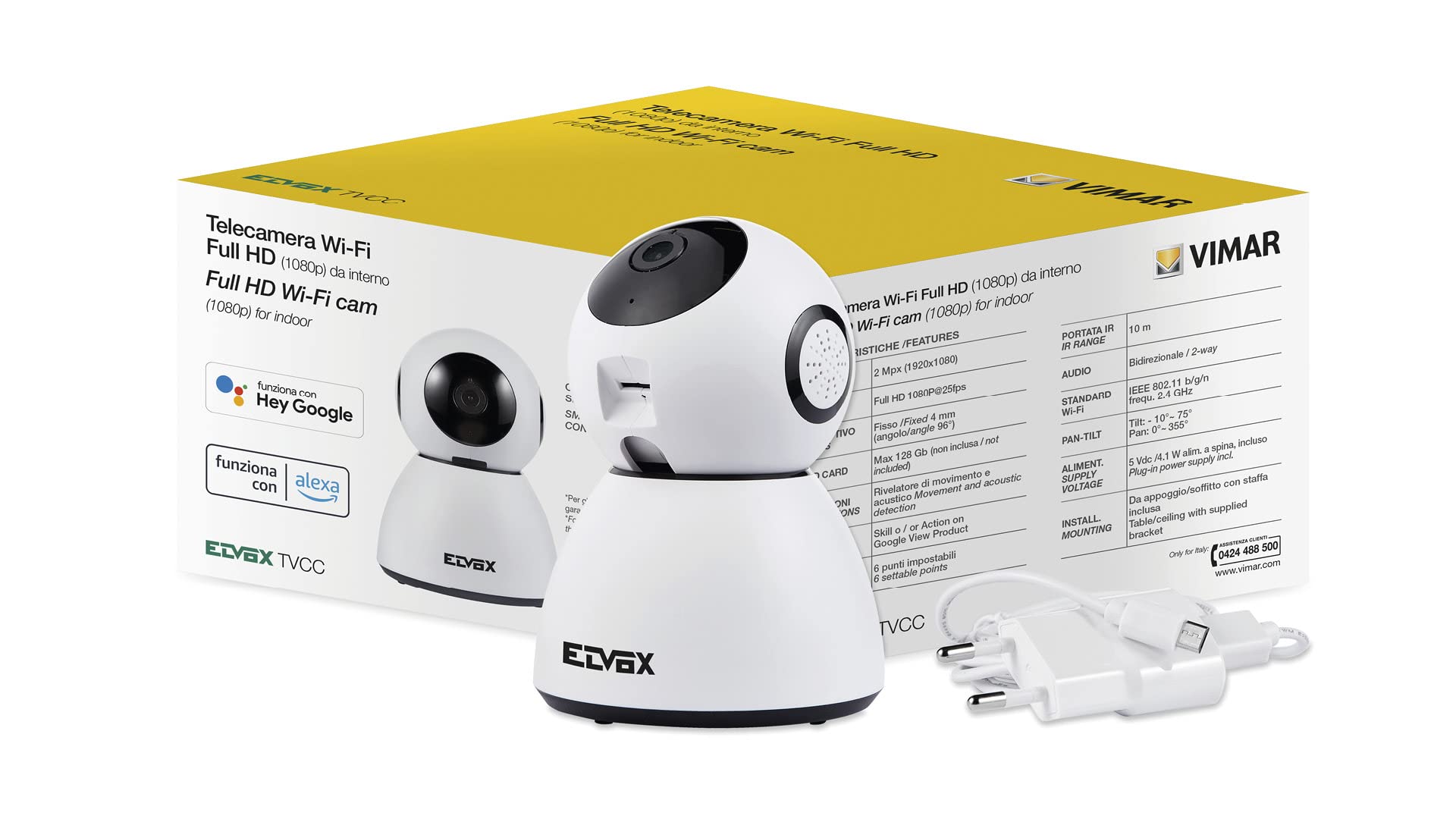 Vimar 46239.040A Telecamera IP WiFi motorizzata con rilevatore di movimento, compatibile con assistenti vocali, disponibile VIEW product per Alexa e Google assistant