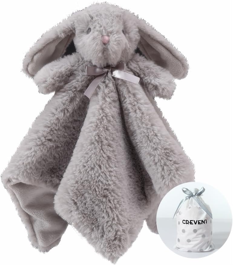 CREVENT Cozy Plush Baby Security Blanket Comforter Cuddle Blanket for Baby Boys and Girls, Faxfur Front + Fleece Backing with Animal Face (Grey Bunny)