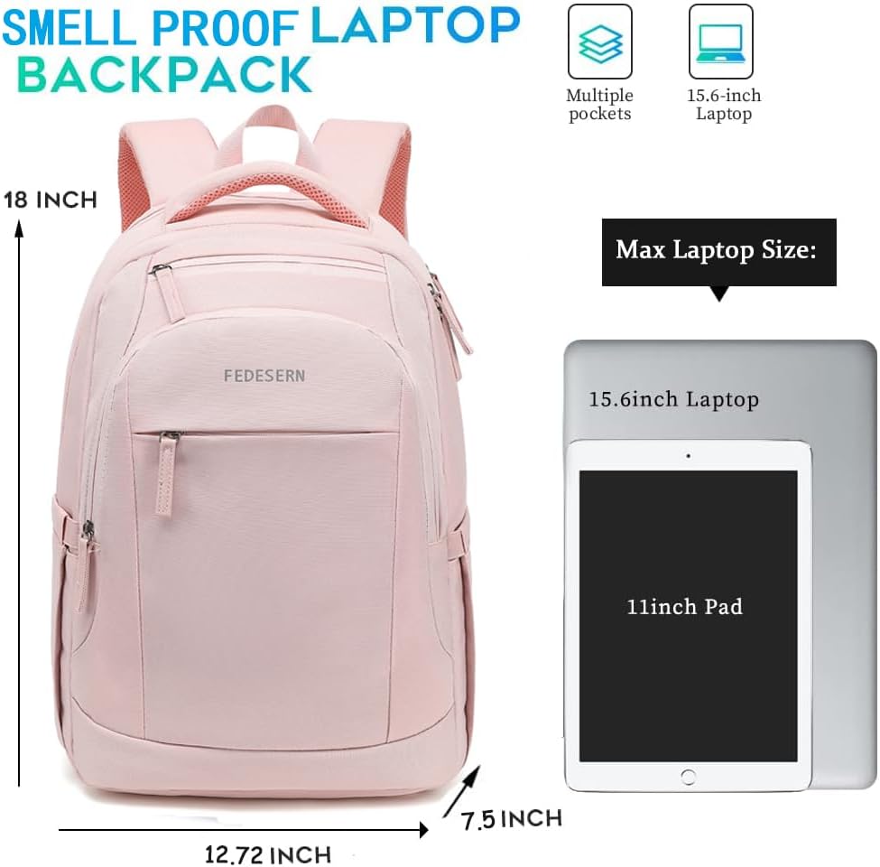 Smell Proof Backpack with Lock,Water Resistant Smell Proof Bags Travel Laptop Backpack,Large Capacity Carbon Enduring Smell Proof Stash Bag with Lock for Men Women (Pink)