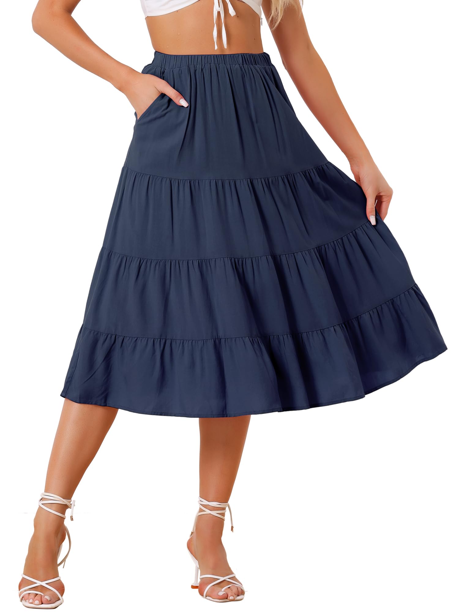Allegra K Womens Midi Skirts Flare Tiered Pleated Boho Solid Elastic Waist Long A-Line Skirt with Pockets