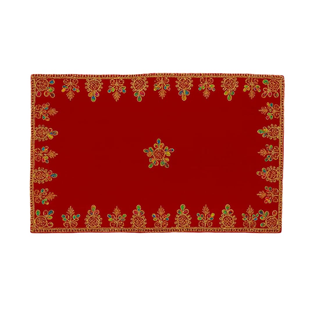 Shoppersduniya Red Velvet Designer Aasan Pooja Cloth for God Idol Puja Aasan Kapda Chowki Cloth for Temple (50 x 33 cm)-image-30