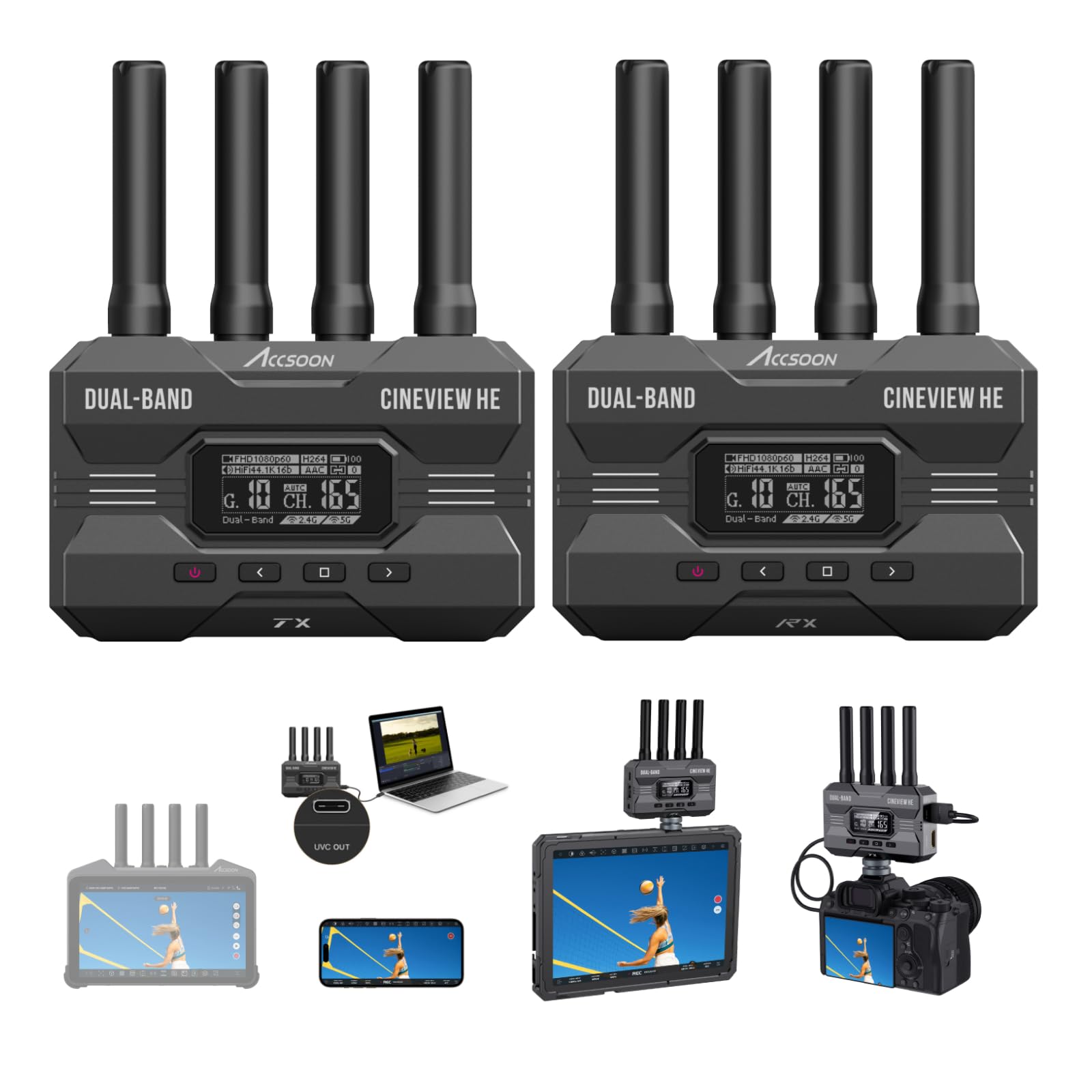 Accsoon CineView HE Wireless HDMI Video Transmitter & Receiver, 2.4G+5G Dual-Band 1200ft/350m Range, 0.06s Low Latency, up to 4 Monitor Devices, UVC Output, for Live Streaming, Camera, Filmmaking
