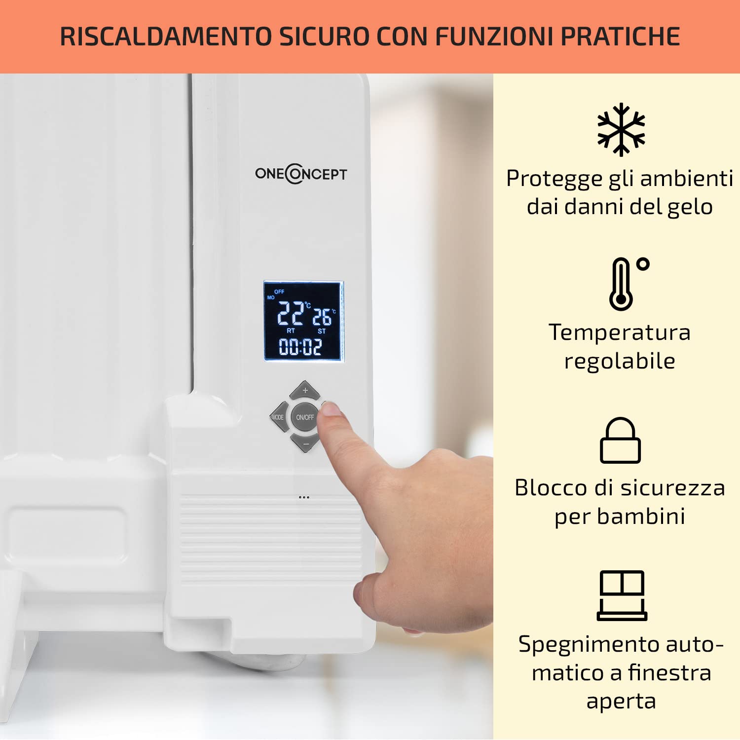 oneConcept Stufa Elettrica Basso Consumo, Termosifone Elettrico Silenzioso da 600W da Muro, Radiatore ad Olio Indipendente e Portatile Smart, Termosifone ad Olio con Touch Control e Termostato