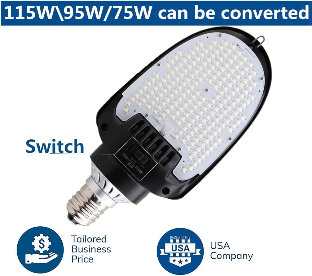 Adjustable 115W 95W 75W Bulb LED Shoebox Light Retrofit Kits 5000K E39 Rotatable Mogul Outdoor Security Corn Bulbs for Parking Lot, Canopy, Tennis Court Lighting, UL Listed (1 Pack)