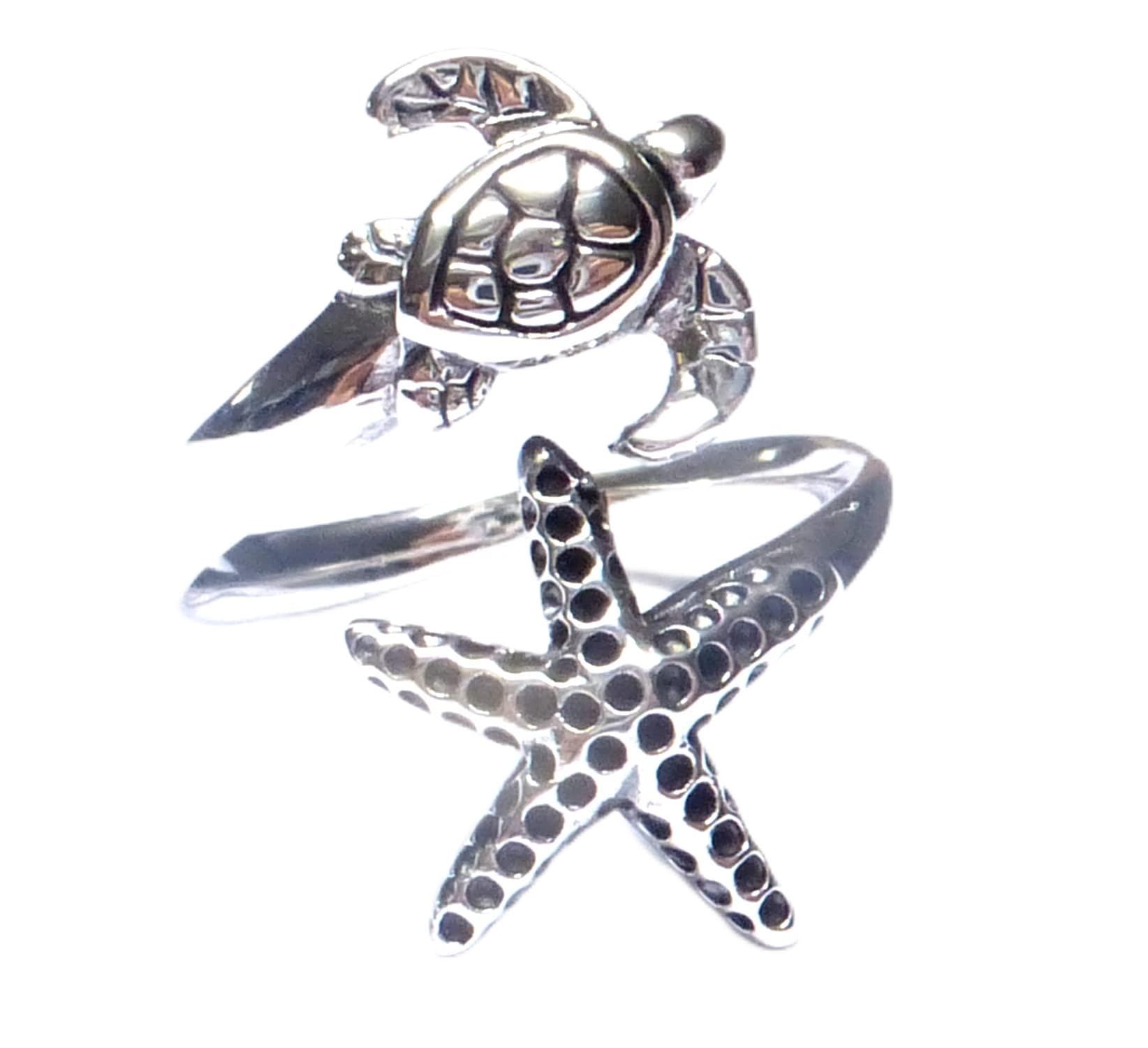 Anillo de plata de ley con diseño de tortuga estrella de mar, talla 58 a 18,5, Plata de ley, Sin piedras preciosas