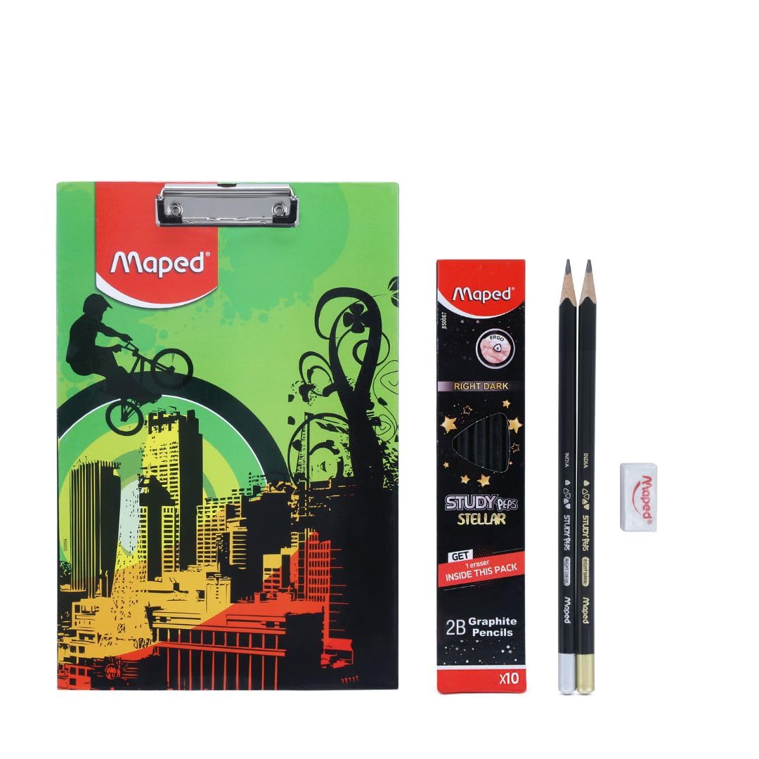 Maped Kit per esami da 12 pezzi (tema città), portablocco di alta qualità e matite scure in legno, prodotti di alta qualità, blocco per esami per studenti, ideale per studenti scolastici, kit