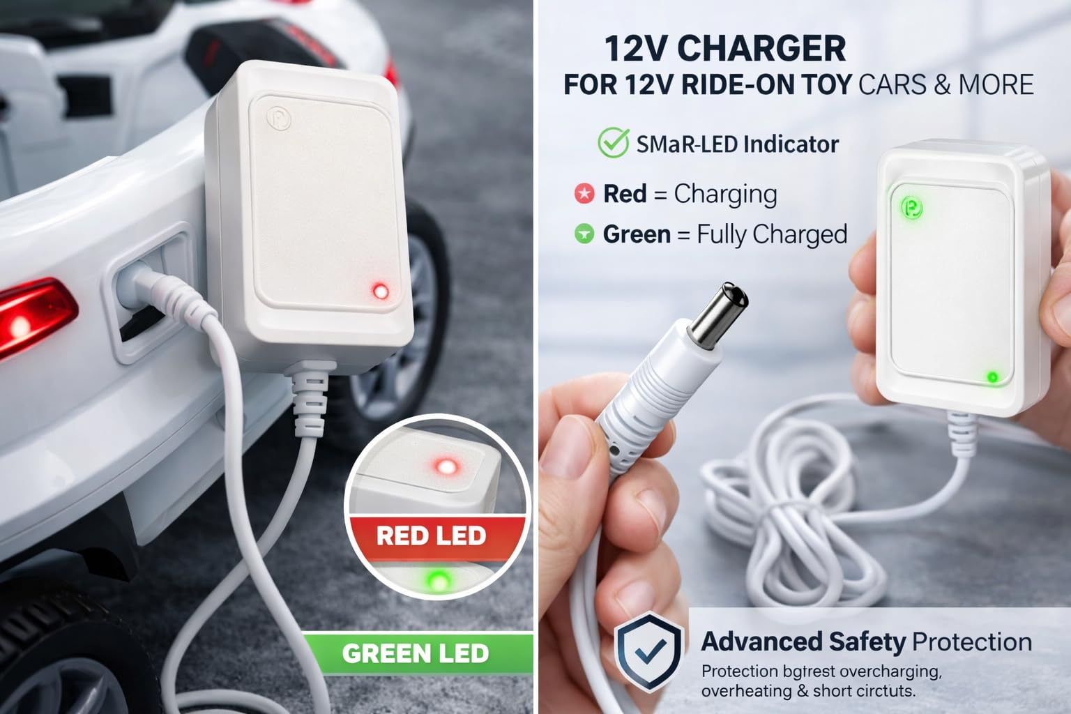 CYIDER Kids Car Charger 12V Battery 1000mA β Ride-On Toy Car Charger Adapter with Cable & Pin | Compatible with Electric Baby Car, SUV | Red/Green LED Indicator (White Colour Charger) 1
