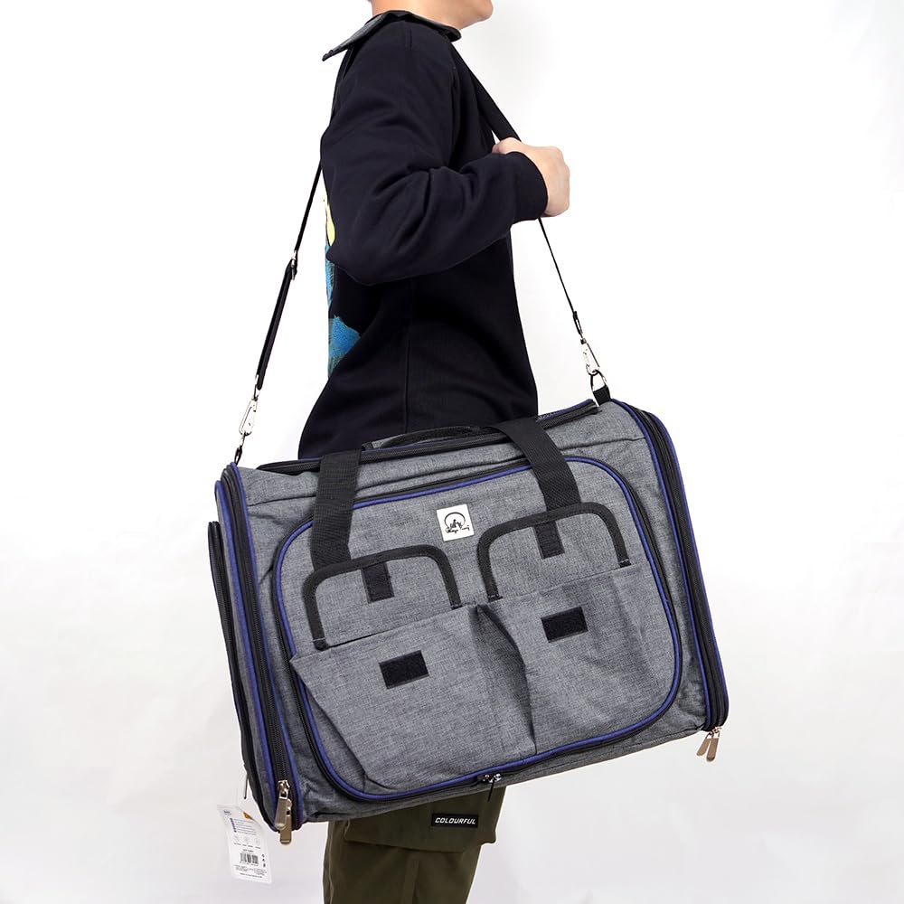 Transportín Perro y Gato Bolso Portaperro Transpirable para Mascota Transportadora de Viaje Ventilación Bolsillos Laterales Dos Puertas con Correa para Coche (Gris, 28x33x42cm)